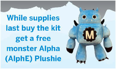 Very Useful Monsters Robotic Workshop Kit promotion for free monster Alpha (AlphE) Plushie with purchase.