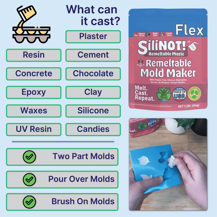 Flex | Remeltable Silicone Free Mold Maker showcasing casting options like plaster and resin with user-friendly instructions.