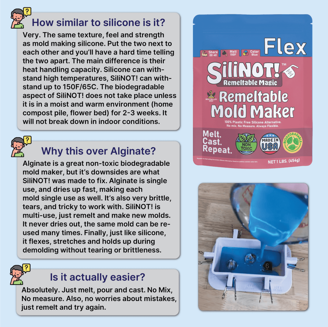 Flex | Remeltable Silicone Free Mold Maker packaging and usage instructions, showcasing versatility for DIY mold making.