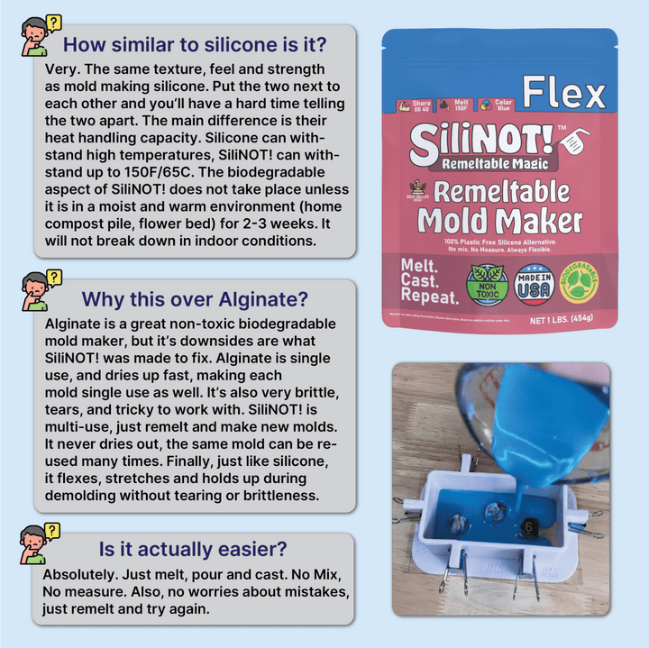 Flex | Remeltable Silicone Free Mold Maker packaging and usage instructions, showcasing versatility for DIY mold making.