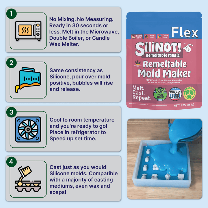 Bulk | Flex | Remeltable Silicone Free Mold Maker instructions and features for stress-free mold making.