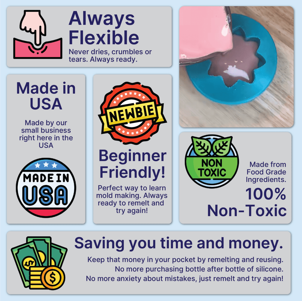 Bulk | Flex | Remeltable Silicone Free Mold Maker features: flexible, made in USA, beginner friendly, non-toxic ingredients.