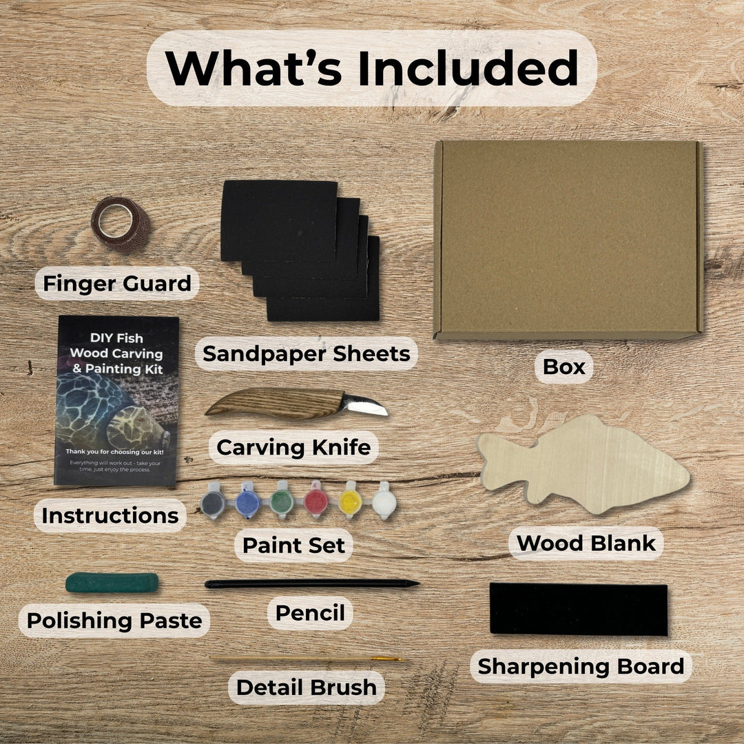 DIY Fish Wood Carving &amp; Painting Kit – Beginner Whittling Set with Video Tutorial