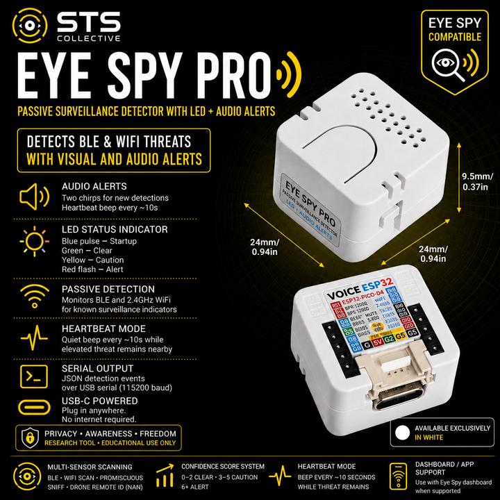 Eye Spy Pro Passive Surveillance Detector with LED + Audio Alerts BLE, WiFi, ALPR, AirTag &amp; Camera Awareness Tool