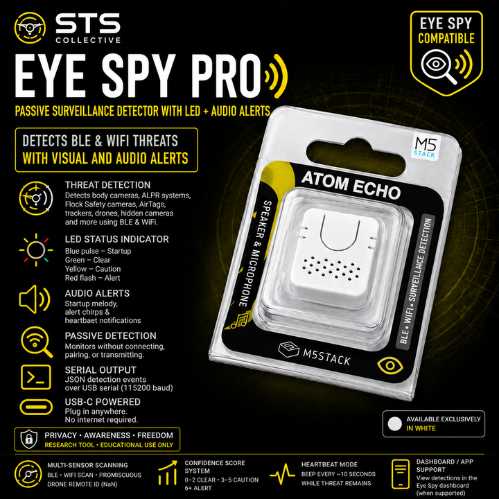 Eye Spy Pro Passive Surveillance Detector with LED + Audio Alerts BLE, WiFi, ALPR, AirTag &amp; Camera Awareness Tool