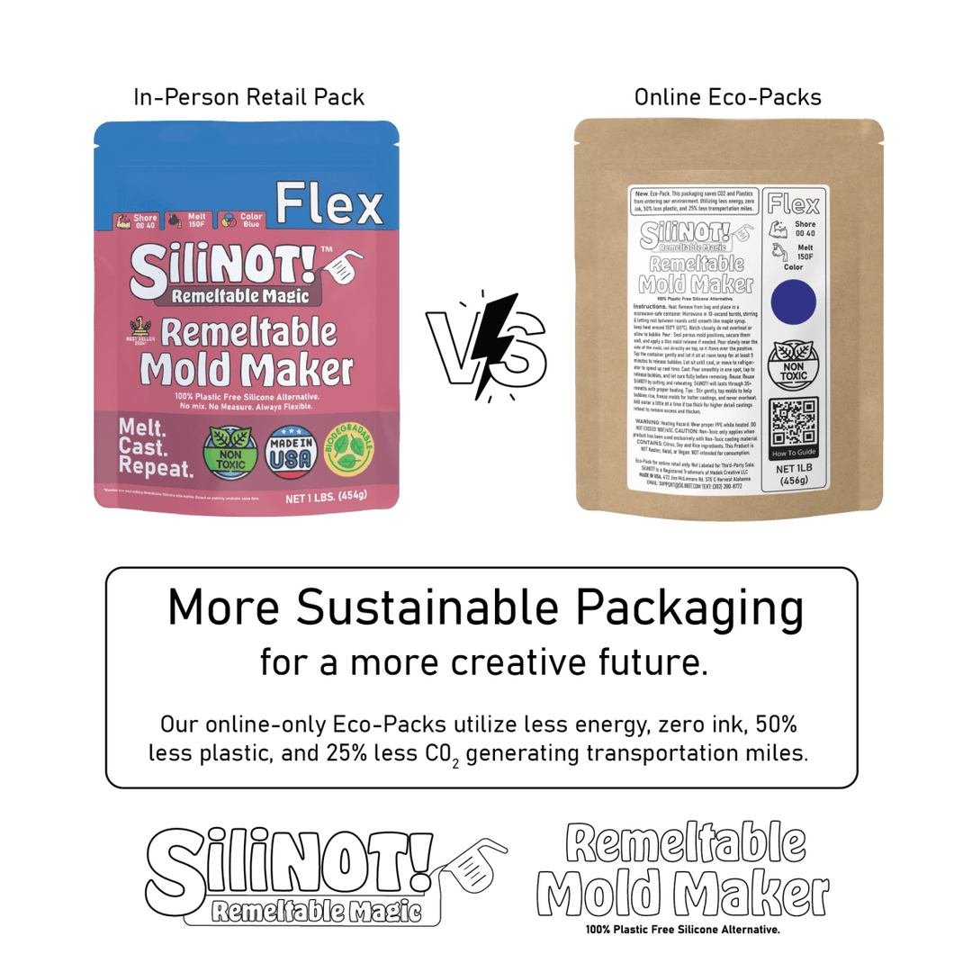 Flex | Remeltable Silicone Free Mold Maker comparison image showing In-Person Retail Pack and Online Eco-Packs.