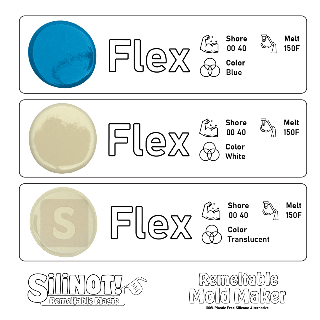 Flex | Remeltable Silicone Free Mold Maker labels in blue, white, and translucent colors with details on Shore hardness.