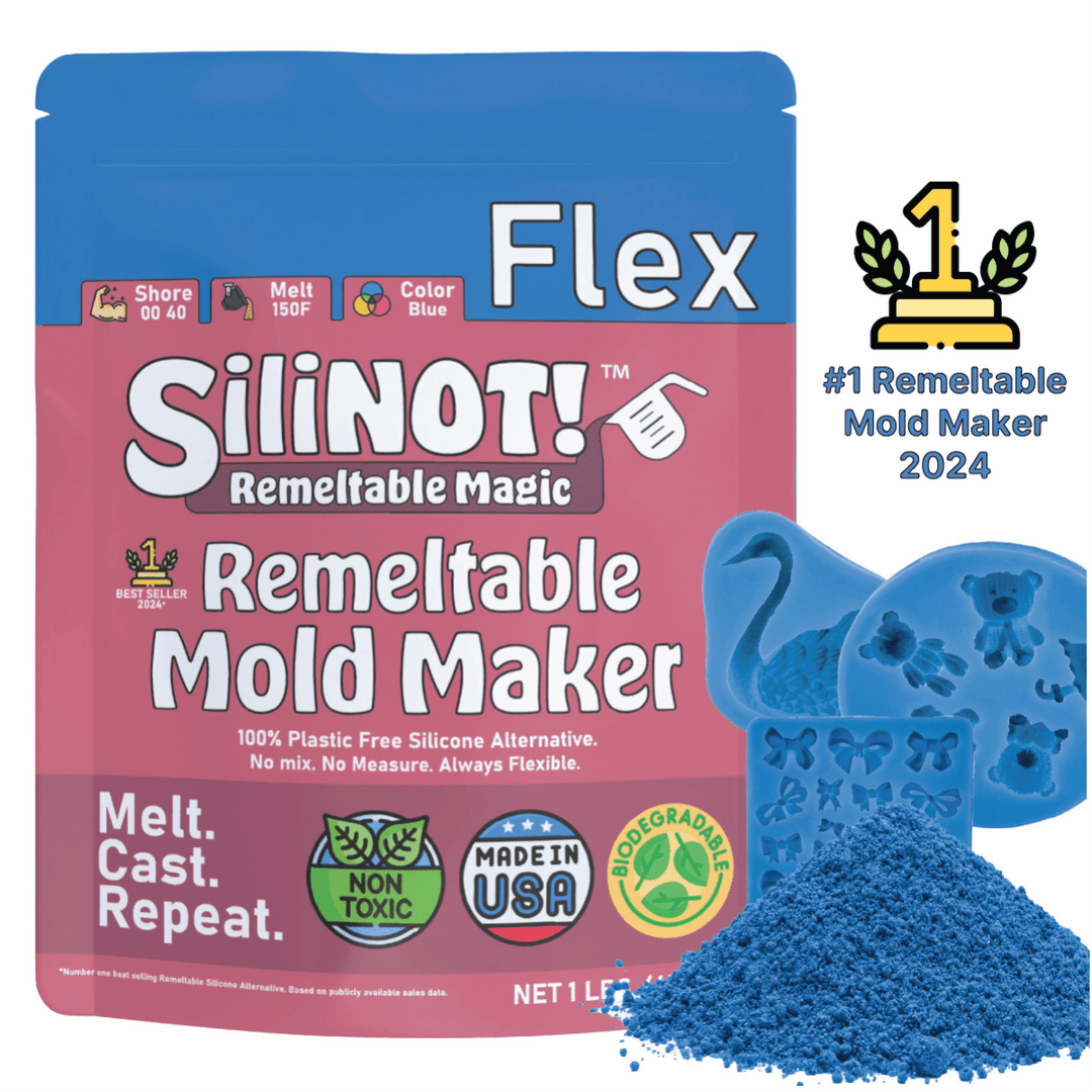 Flex | Remeltable Silicone Free Mold Maker packaging with blue powder and molded shapes.