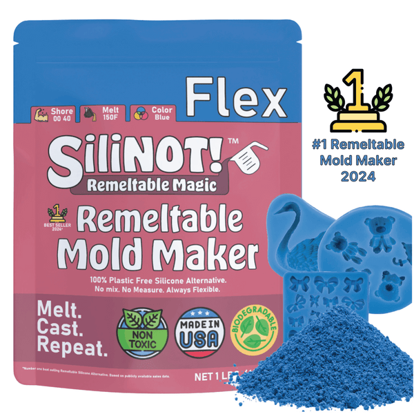 Flex | Remeltable Silicone Free Mold Maker packaging with blue powder and molded shapes.
