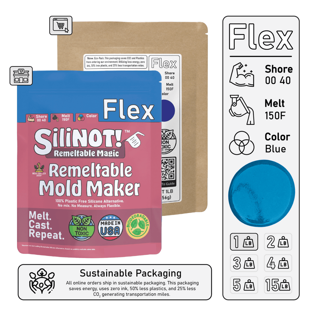 Flex | Remeltable Silicone Free Mold Maker packaging featuring details on usage, sustainability, and product specifications.