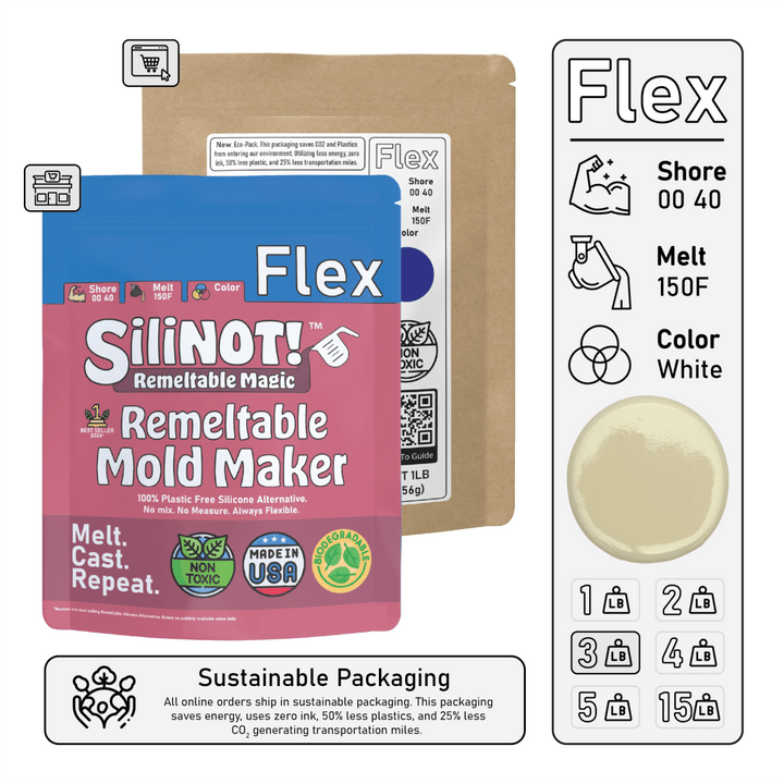 Flex | Remeltable Silicone Free Mold Maker packaging with product details and sustainable features.