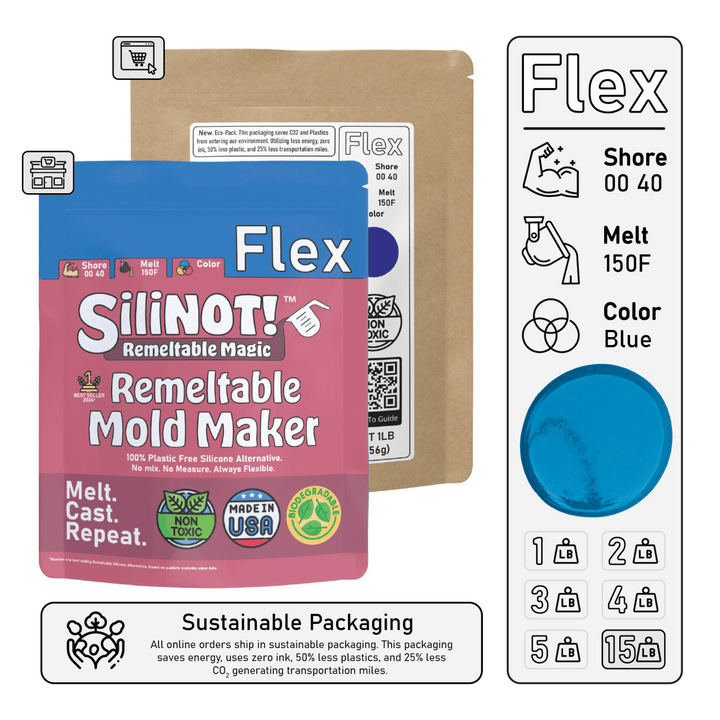 Flex | Remeltable Silicone Free Mold Maker packaging showcasing features and colors for DIY mold making.