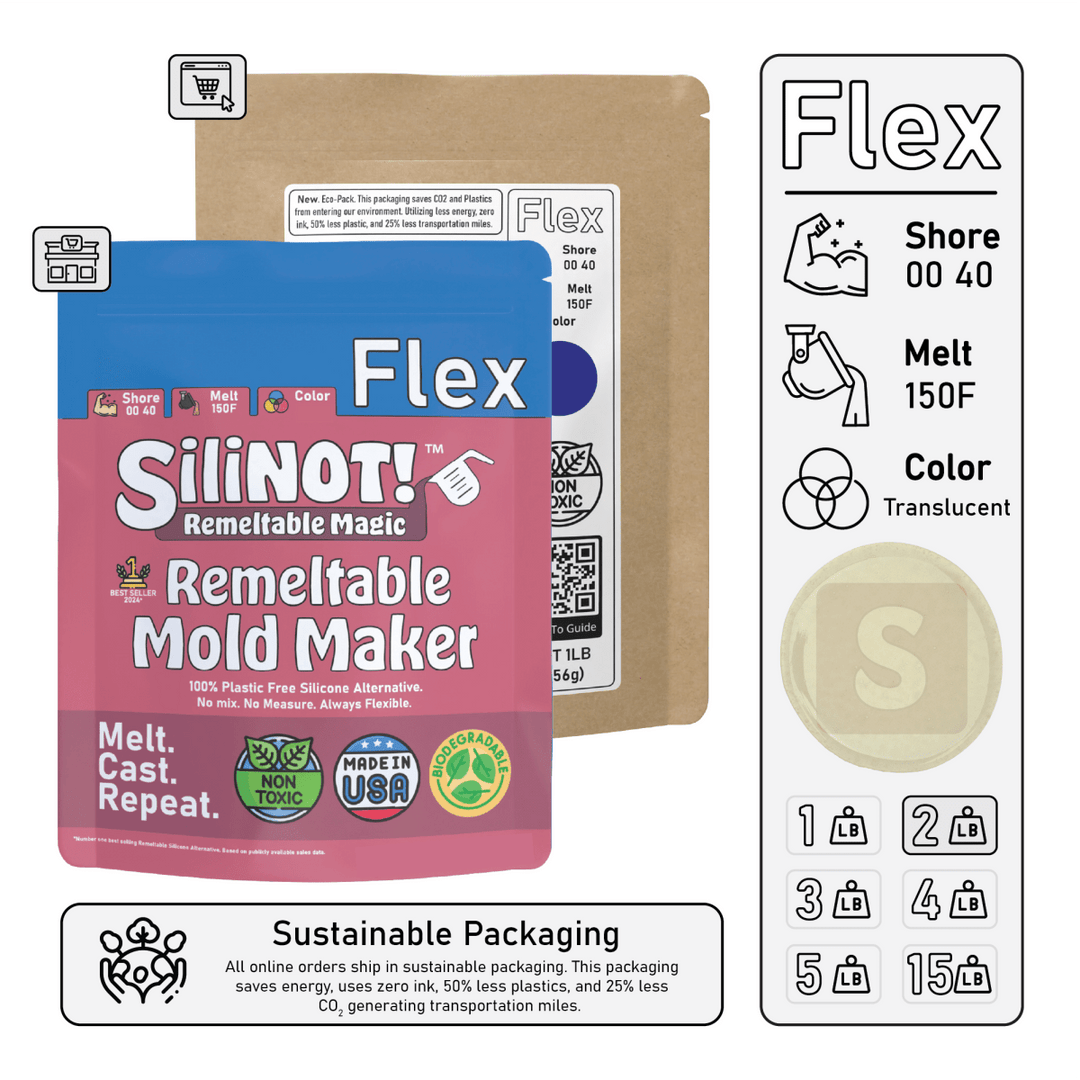 Flex | Remeltable Silicone Free Mold Maker package with instructions, features sustainable packaging and translucent color.