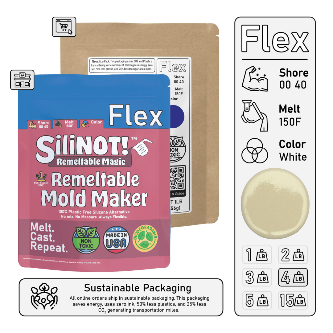 Flex | Remeltable Silicone Free Mold Maker packaging featuring detailed information and instructions.