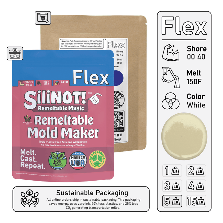 Flex | Remeltable Silicone Free Mold Maker packaging featuring pink and white design with product details.
