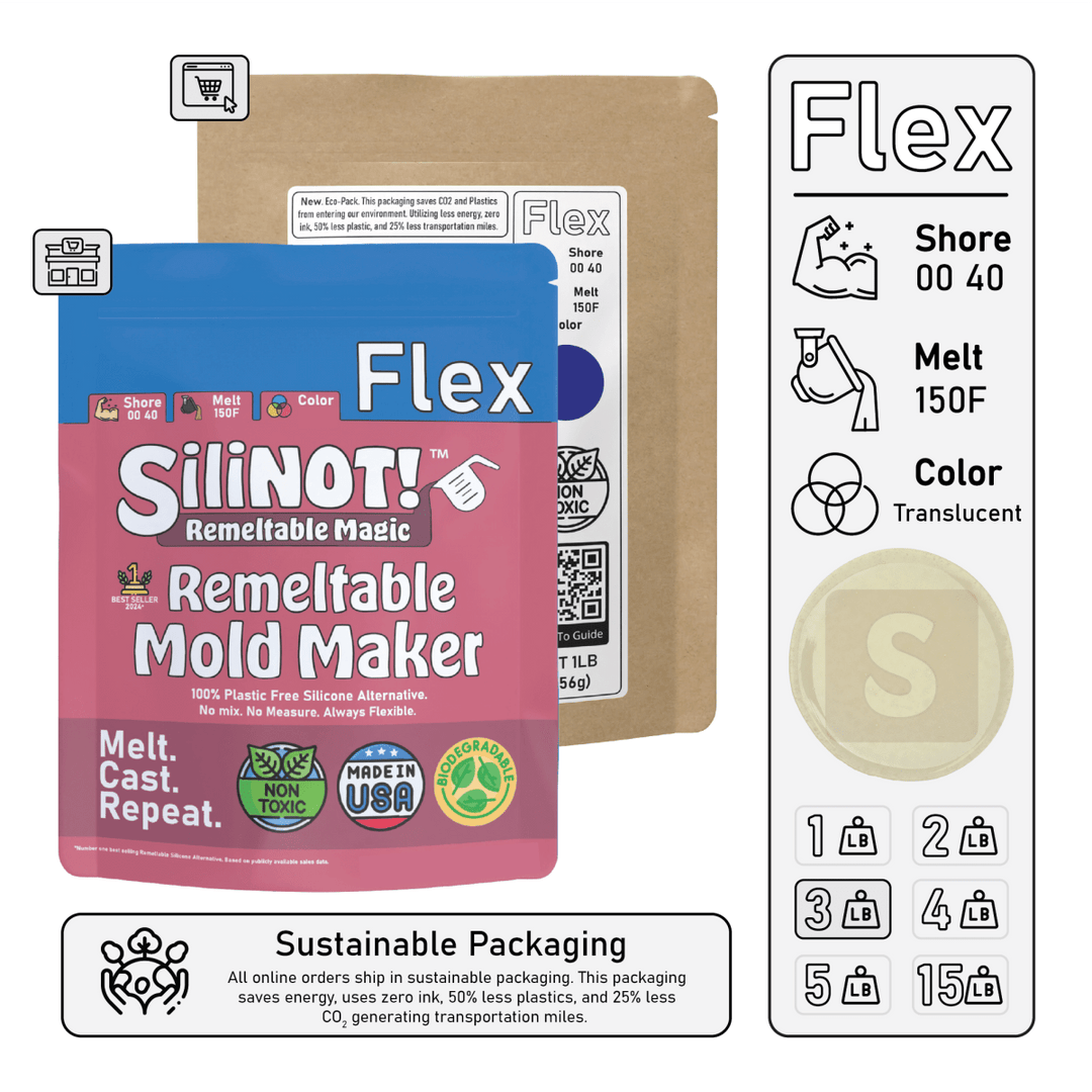 Flex | Remeltable Silicone Free Mold Maker packaging featuring SiliNOT! Flex, highlights eco-friendly features and melting instructions.
