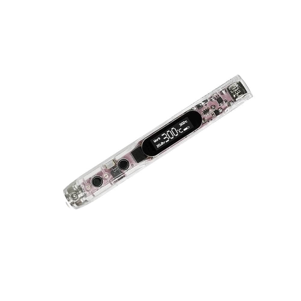 Sequre SI012 Pro Max soldering iron with transparent case and OLED display showing temperature settings.