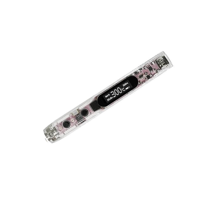 Sequre SI012 Pro Max soldering iron with transparent case and OLED display showing temperature settings.